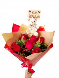 Buquê de rosas&placa com urso
